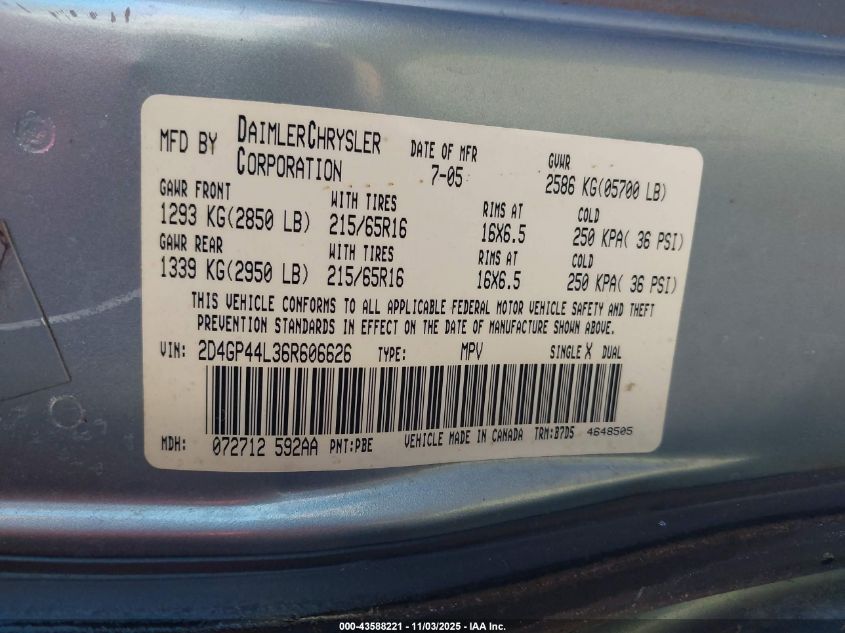 2006 Dodge Grand Caravan Sxt VIN: 2D4GP44L36R606626 Lot: 43588221