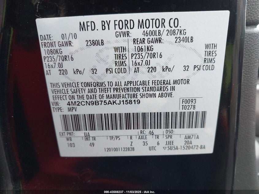 2010 Mercury Mariner VIN: 4M2CN9B75AKJ15819 Lot: 43588237