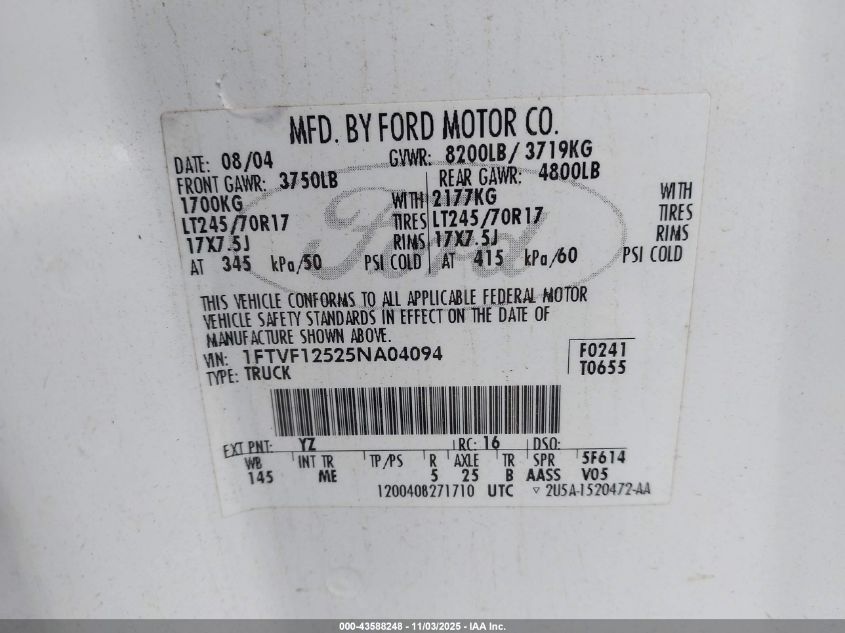 2005 Ford F-150 Xl/Xlt VIN: 1FTVF12525NA04094 Lot: 43588248