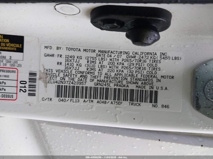 2007 Toyota Tacoma Base V6 VIN: 5TELU42N37Z423957 Lot: 43588250