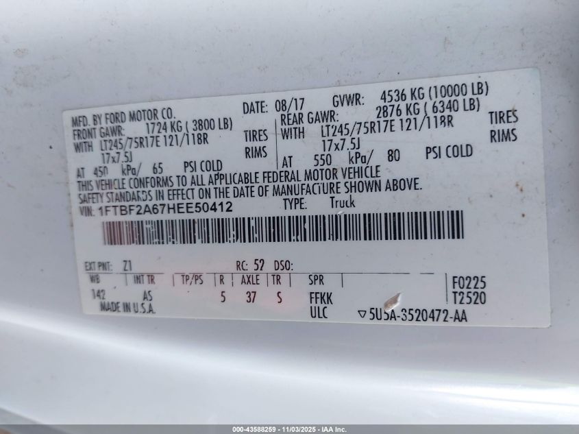 2017 Ford F-250 Xl VIN: 1FTBF2A67HEE50412 Lot: 43588259