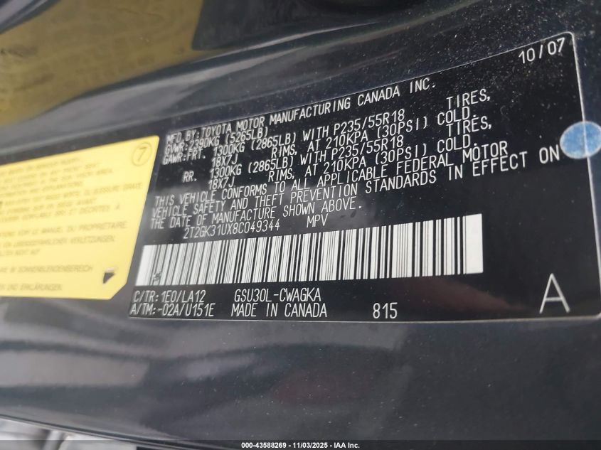 2008 Lexus Rx 350 VIN: 2T2GK31UX8C049344 Lot: 43588269