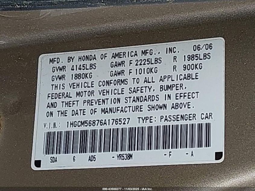 2006 Honda Accord 2.4 Ex VIN: 1HGCM56876A176527 Lot: 43588277