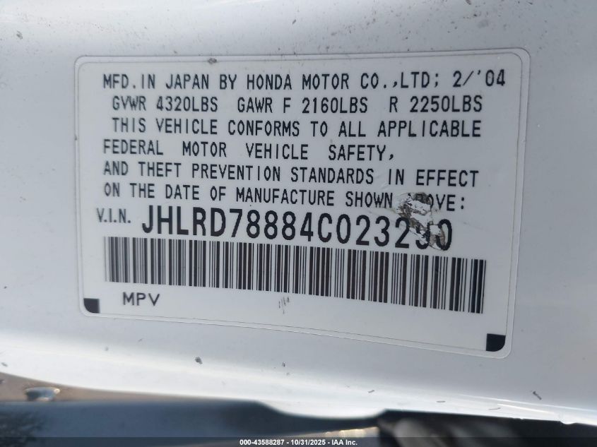 2004 Honda Cr-V Ex VIN: JHLRD78884C023290 Lot: 43588287