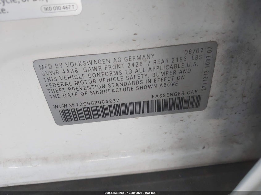 2008 Volkswagen Passat Komfort VIN: WVWAK73C68P004232 Lot: 43588281