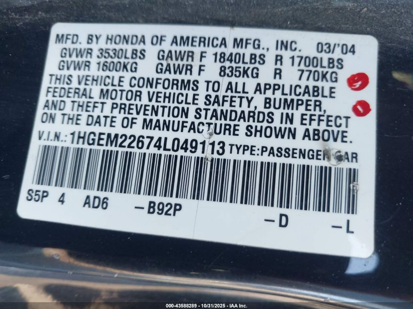 2004 Honda Civic Lx VIN: 1HGEM22674L049113 Lot: 43588289