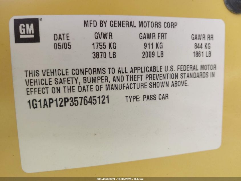 2005 Chevrolet Cobalt Ss Supercharged VIN: 1G1AP12P357645121 Lot: 43588339
