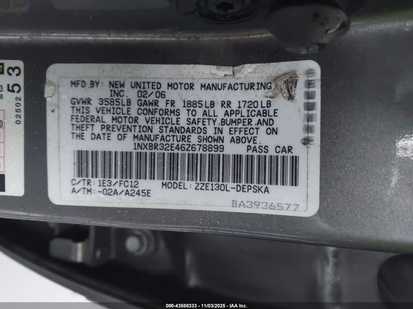 2006 Toyota Corolla S VIN: 1NXBR32E46Z678899 Lot: 43588333