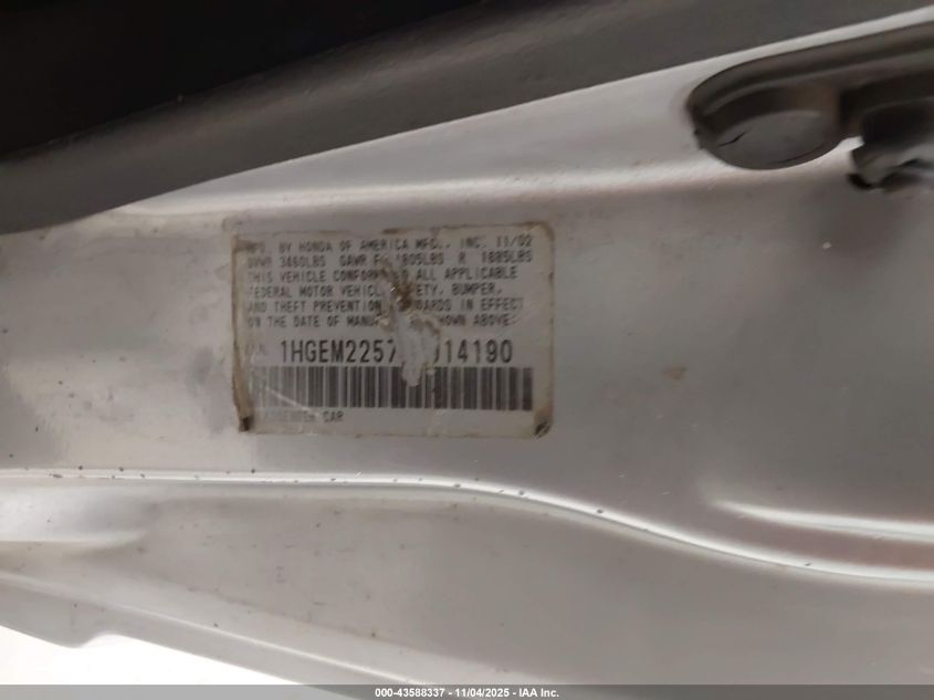 2003 Honda Civic Lx VIN: 1HGEM22573L014190 Lot: 43588337