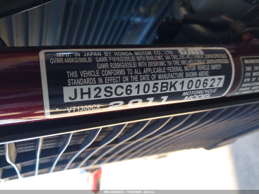 2011 Honda Vt1300 Cx VIN: JH2SC6105BK100627 Lot: 43588332