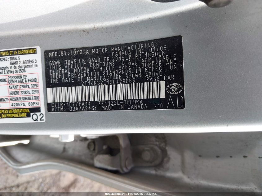 2005 Toyota Matrix VIN: 2T1KR32E15C429685 Lot: 43588351