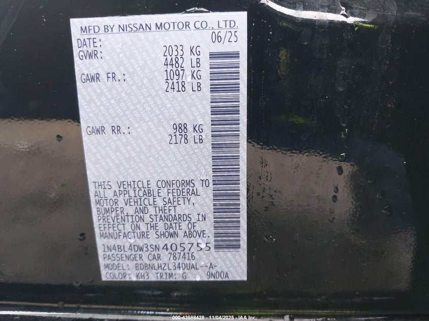 2025 NISSAN ALTIMA SV AWD 1N4BL4DW3SN405755