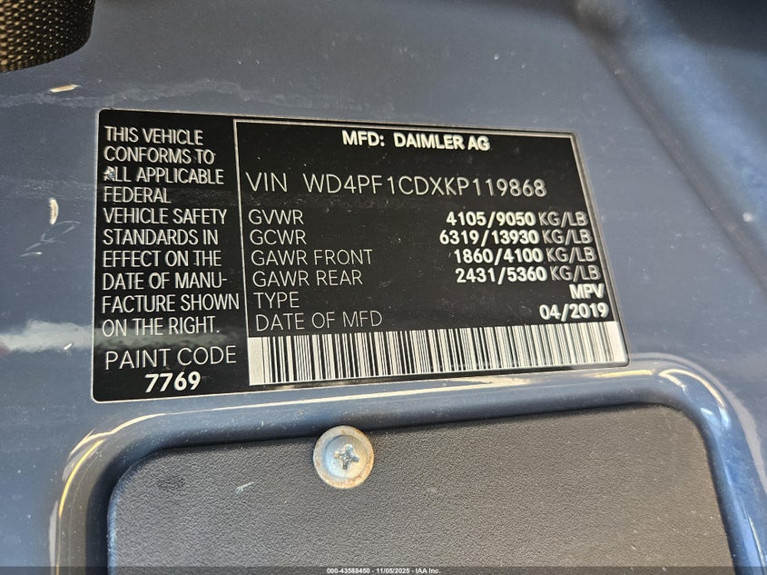 2019 MERCEDES-BENZ SPRINTER 2500 HIGH ROOF V6 WD4PF1CDXKP119868