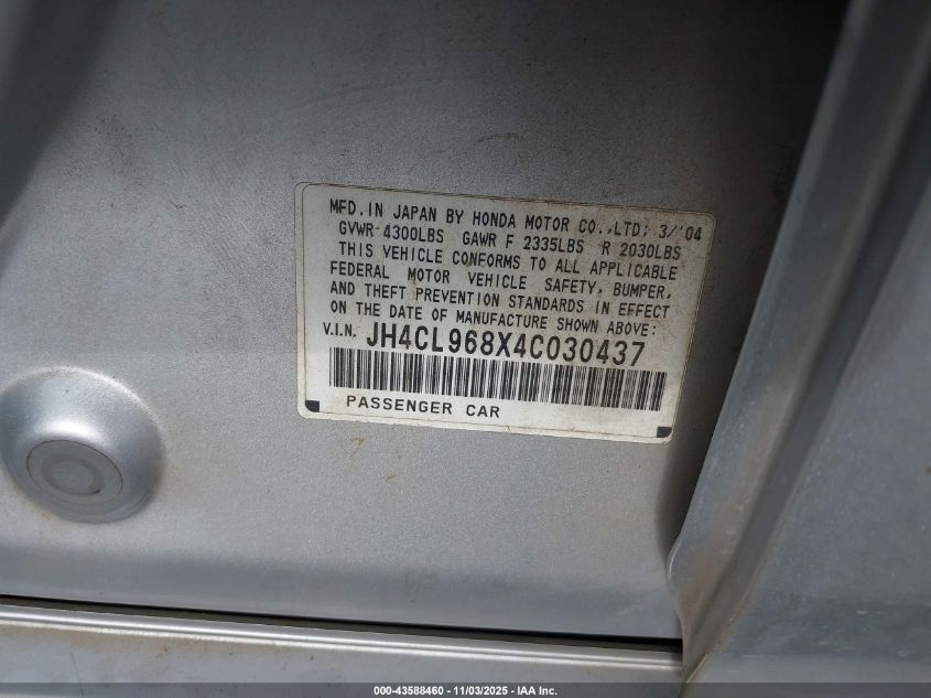 2004 Acura Tsx VIN: JH4CL968X4C030437 Lot: 43588460