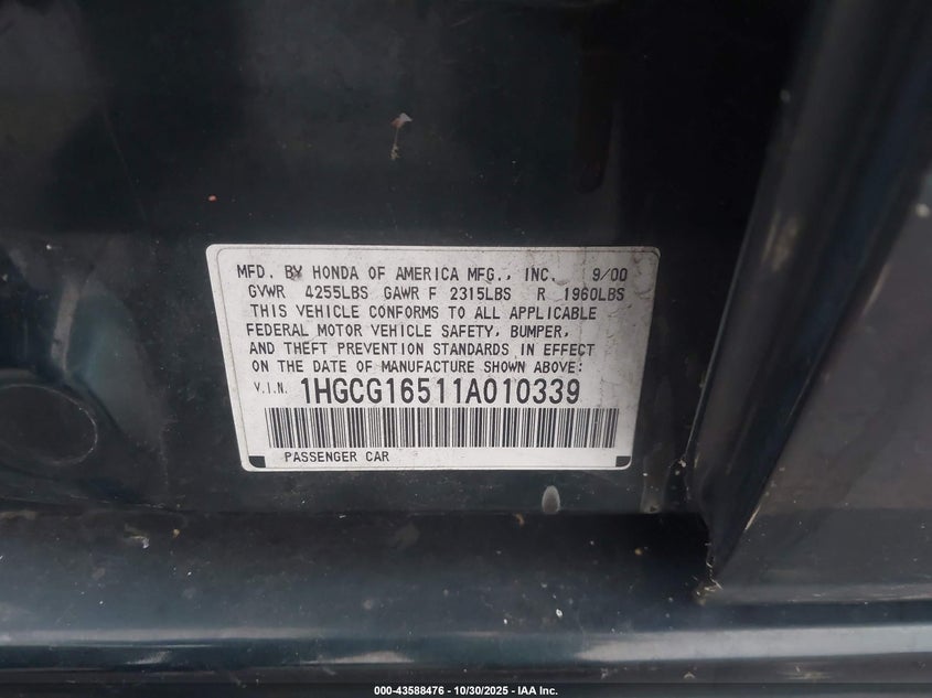 1HGCG16511A010339 2001 HONDA ACCORD photo no. 9