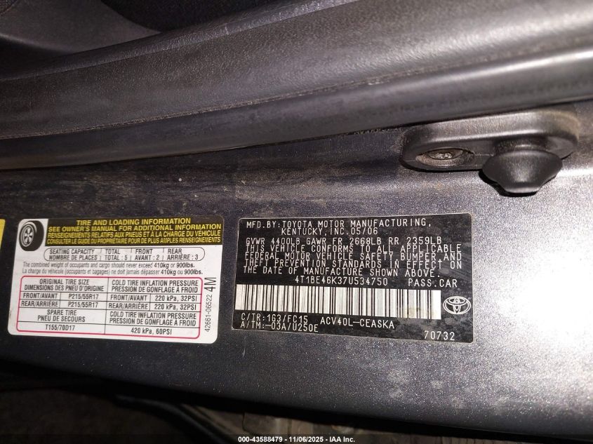 2007 Toyota Camry Se VIN: 4T1BE46K37U534750 Lot: 43588479