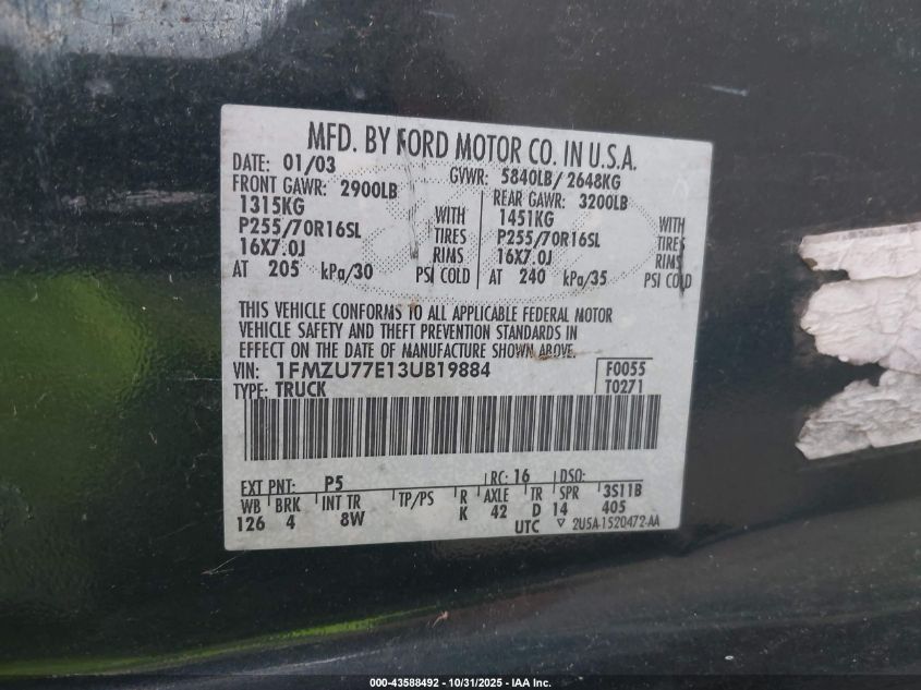 2003 Ford Explorer Sport Trac Xls/Xlt VIN: 1FMZU77E13UB19884 Lot: 43588492