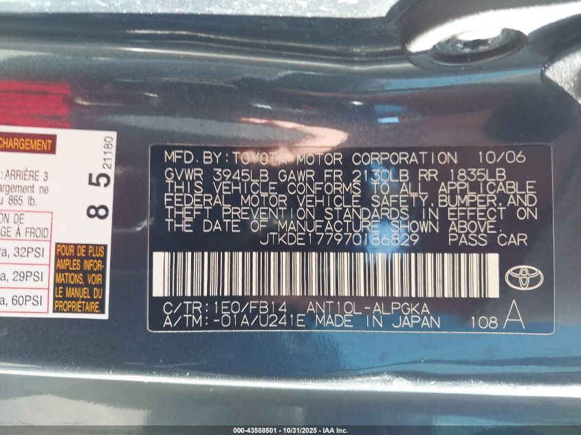 2007 Scion Tc VIN: JTKDE177970186829 Lot: 43588501