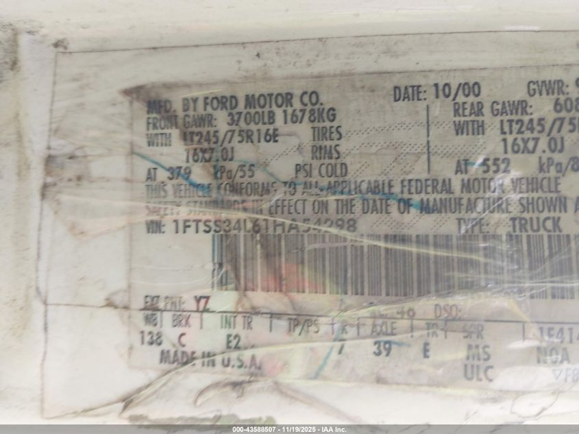 2001 Ford E-350 Super Duty Commercial/Recreational VIN: 1FTSS34L61HA54298 Lot: 43588507