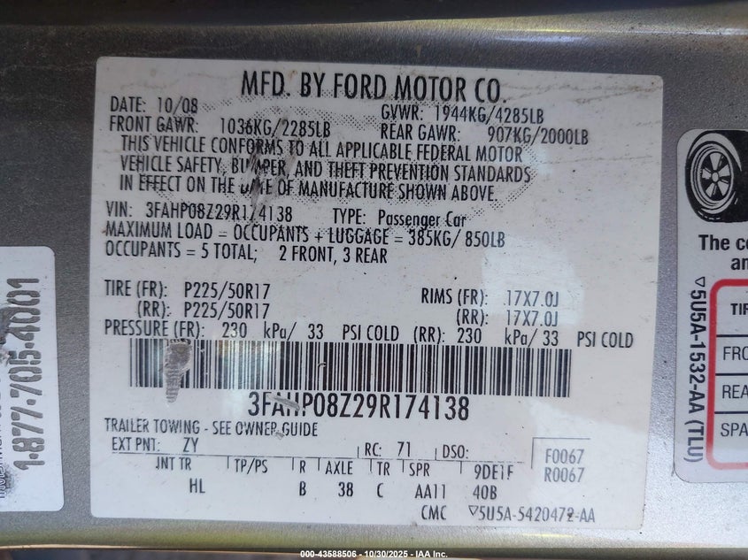 2009 Ford Fusion Sel VIN: 3FAHP08Z29R174138 Lot: 43588506