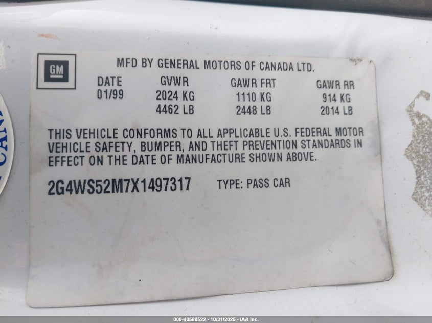 1999 Buick Century Custom VIN: 2G4WS52M7X1497317 Lot: 43588522