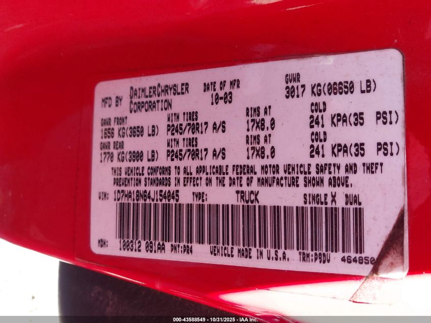 2004 Dodge Ram 1500 St VIN: 1D7HA18N64J154045 Lot: 43588549