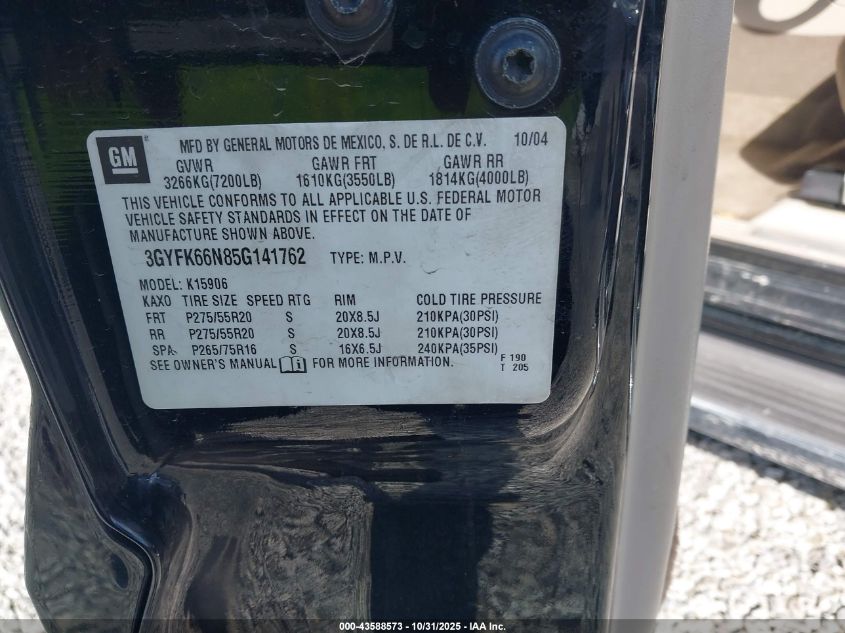 2005 Cadillac Escalade Esv Platinum Edition VIN: 3GYFK66N85G141762 Lot: 43588573