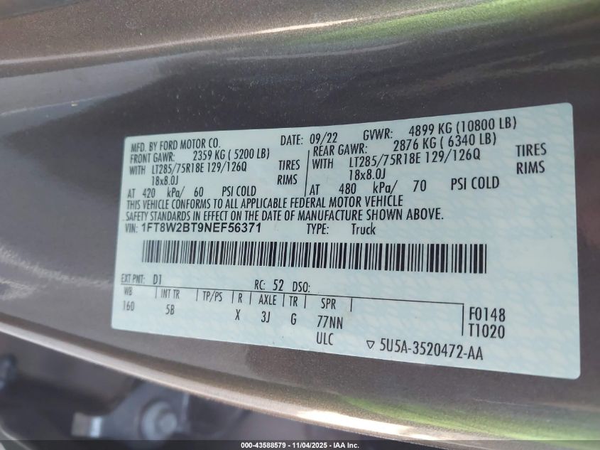 2022 Ford F-250 Lariat VIN: 1FT8W2BT9NEF56371 Lot: 43588579