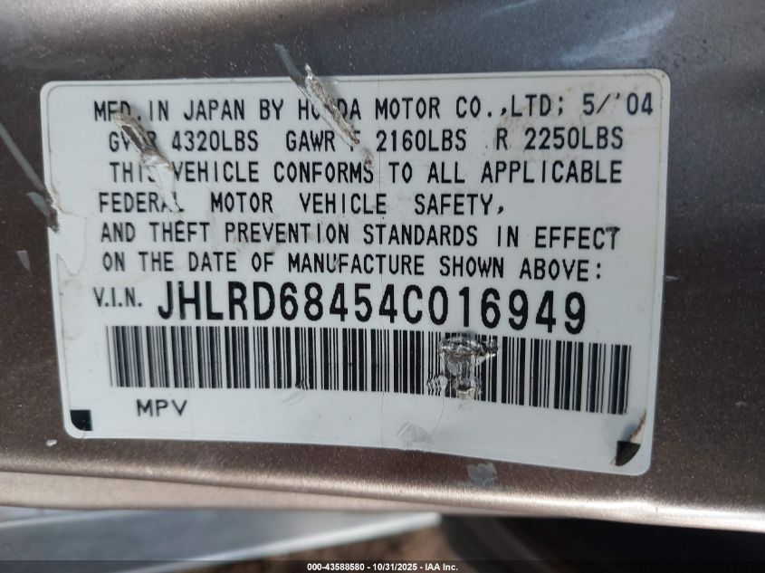 2004 Honda Cr-V Lx VIN: JHLRD68454C016949 Lot: 43588580