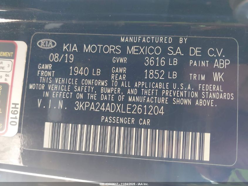 2020 Kia Rio Lx VIN: 3KPA24ADXLE261204 Lot: 43588617