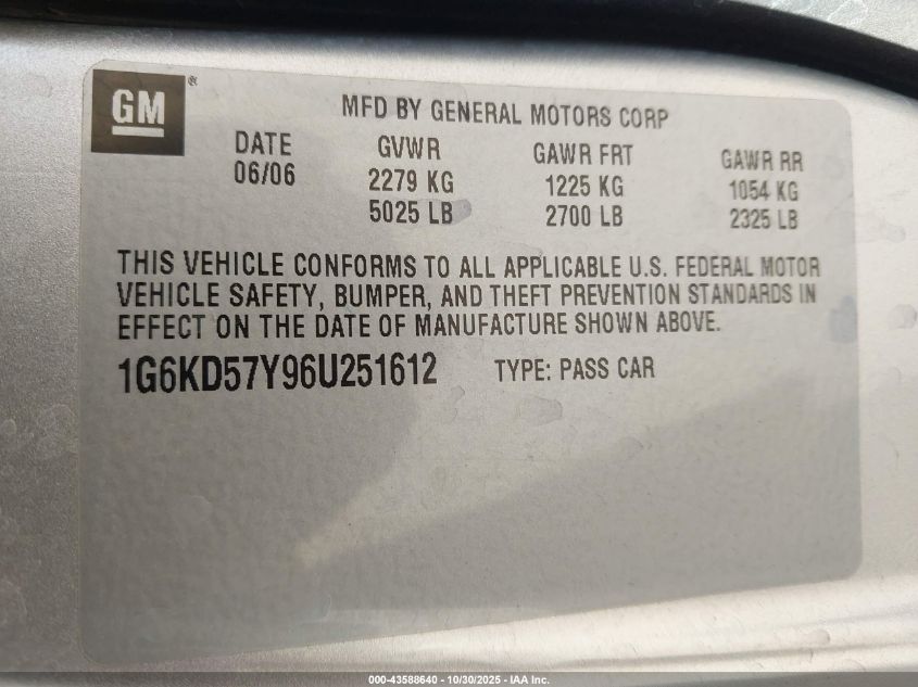 2006 Cadillac Dts Standard VIN: 1G6KD57Y96U251612 Lot: 43588640
