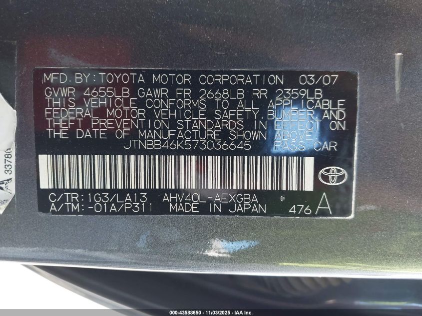2007 Toyota Camry Hybrid VIN: JTNBB46K573036645 Lot: 43588650