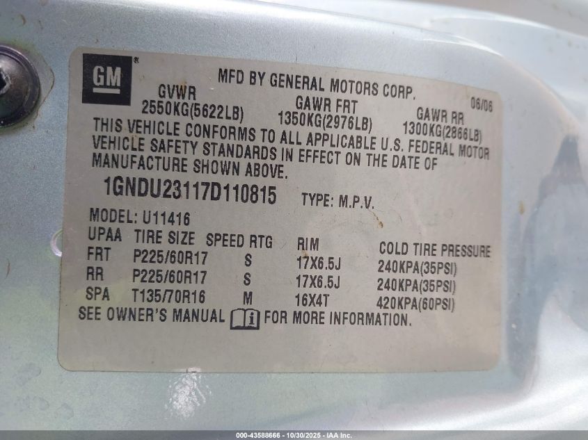 2007 Chevrolet Uplander Ls VIN: 1GNDU23117D110815 Lot: 43588666