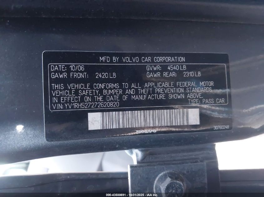 2007 Volvo S60 R VIN: YV1RH527272620820 Lot: 43588691