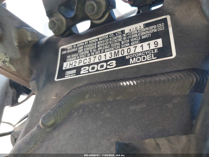 2003 Honda Cbr600 Rr VIN: JH2PC37013M007119 Lot: 43588701
