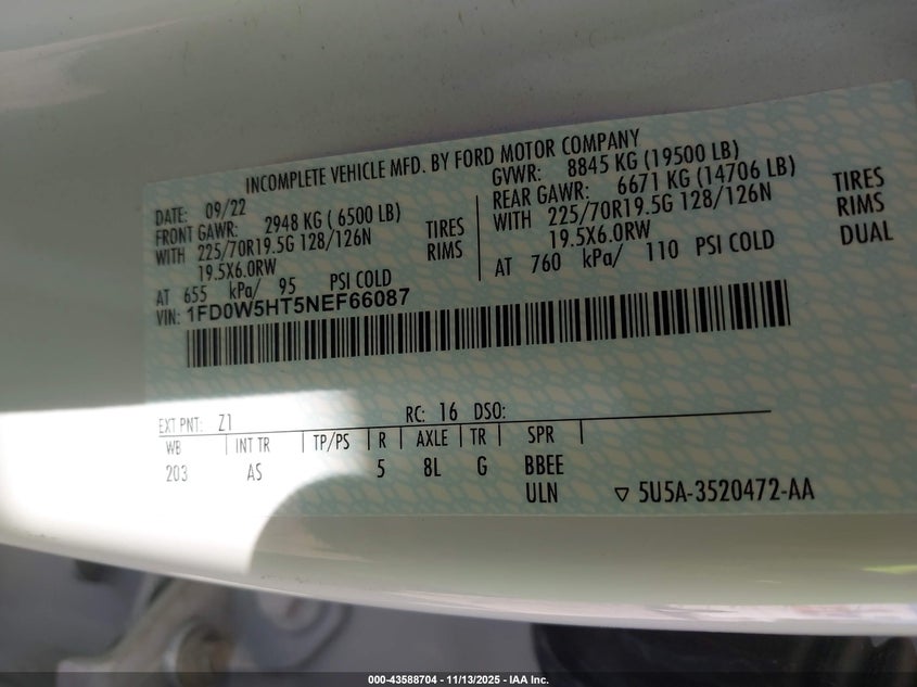 2022 Ford F-550 Chassis Xl VIN: 1FD0W5HT5NEF66087 Lot: 43588704