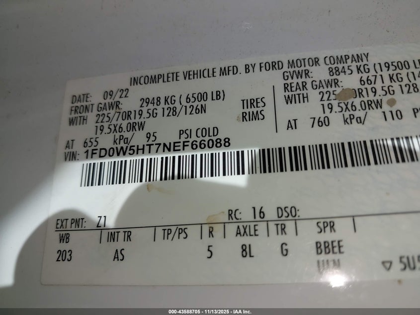 2022 Ford F-550 Chassis Xl VIN: 1FD0W5HT7NEF66088 Lot: 43588705