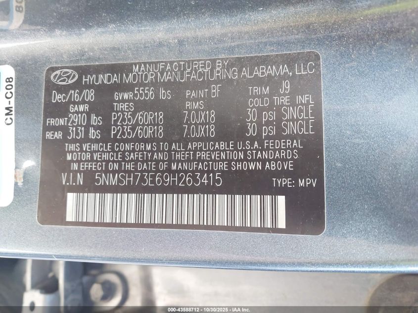 2009 Hyundai Santa Fe Limited VIN: 5NMSH73E69H263415 Lot: 43588712