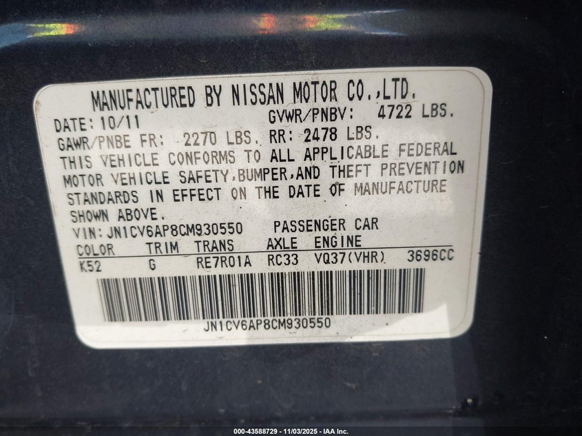 2012 Infiniti G37 Journey VIN: JN1CV6AP8CM930550 Lot: 43588729
