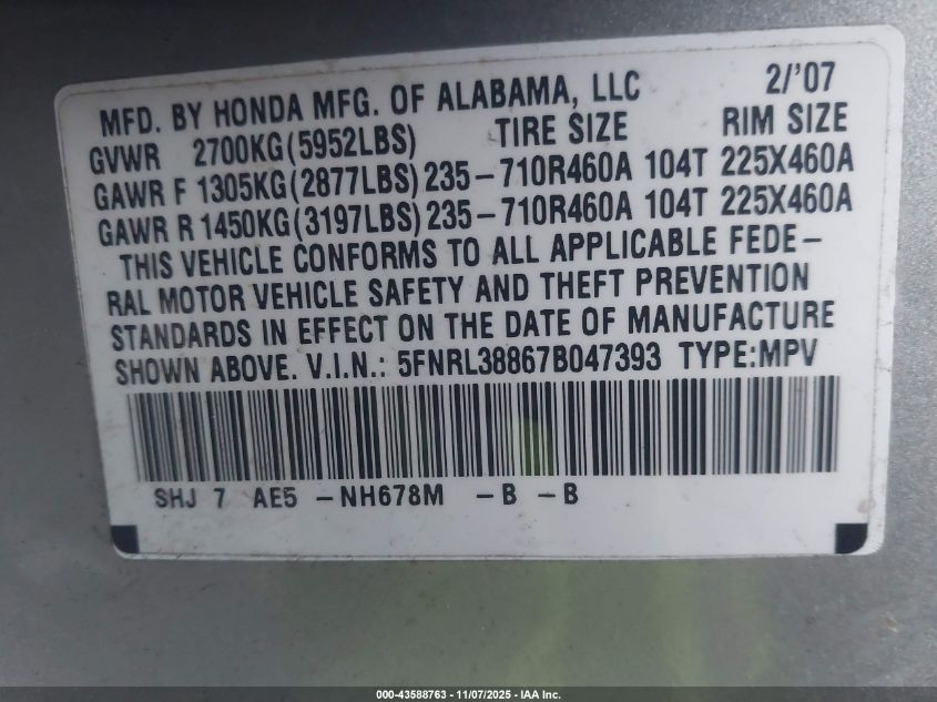 2007 Honda Odyssey Touring VIN: 5FNRL38867B047393 Lot: 43588763