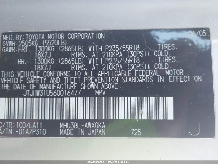 2006 Lexus Rx 400H VIN: JTJHW31U560016477 Lot: 43588783