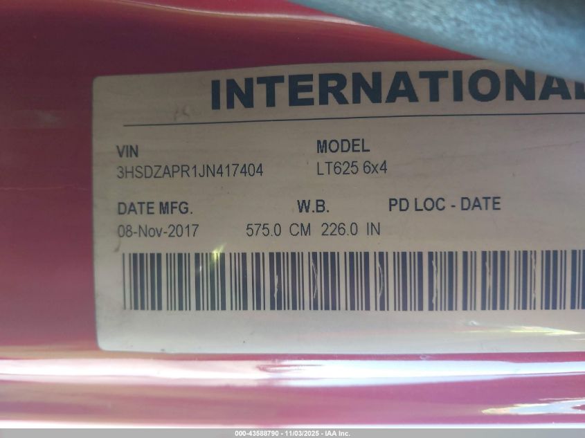 2018 International Lt VIN: 3HSDZAPR1JN417404 Lot: 43588790