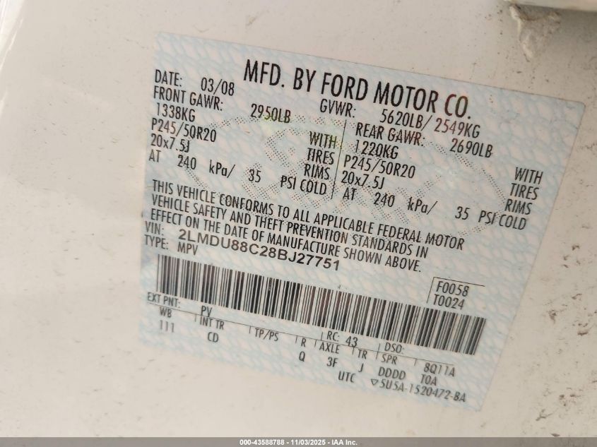 2008 Lincoln Mkx VIN: 2LMDU88C28BJ27751 Lot: 43588788