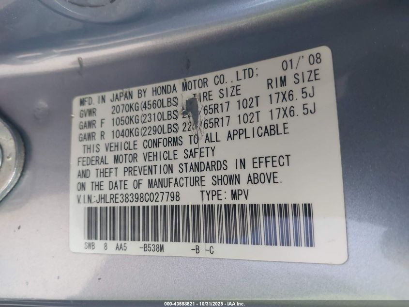 2008 Honda Cr-V Lx VIN: JHLRE38398C027798 Lot: 43588821