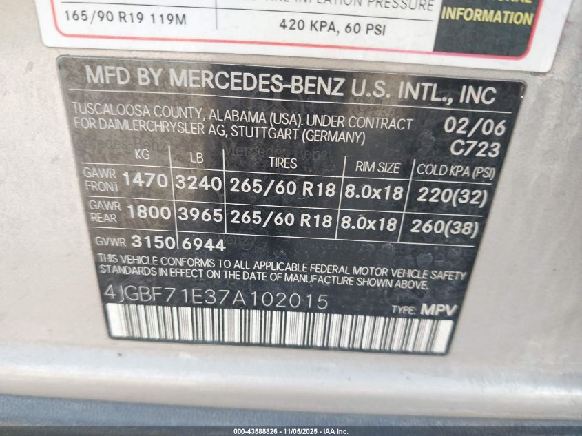 2007 Mercedes-Benz Gl 450 4Matic VIN: 4JGBF71E37A102015 Lot: 43588826