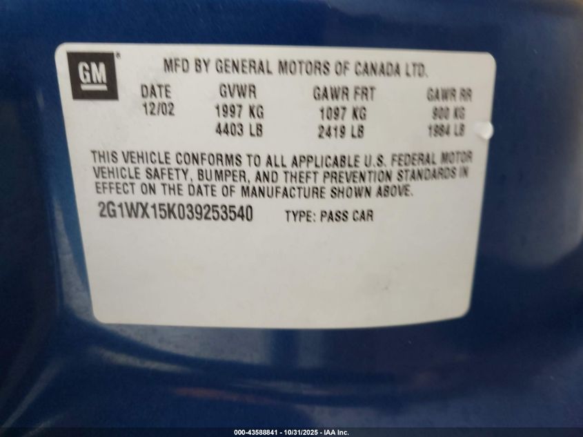 2003 Chevrolet Monte Carlo Ss VIN: 2G1WX15K039253540 Lot: 43588841