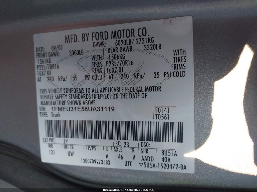 2008 Ford Explorer Sport Trac Xlt VIN: 1FMEU31E58UA31119 Lot: 43588878