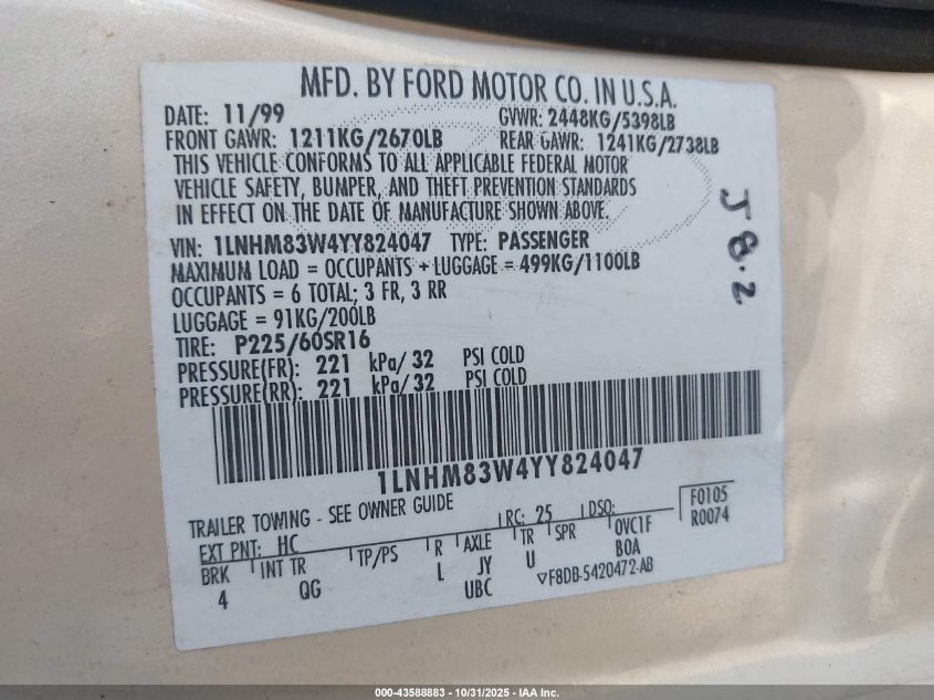 2000 Lincoln Town Car Cartier VIN: 1LNHM83W4YY824047 Lot: 43588883