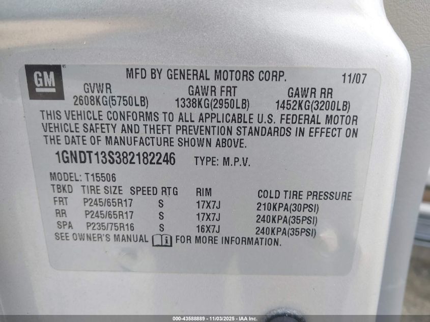 2008 Chevrolet Trailblazer Lt VIN: 1GNDT13S382182246 Lot: 43588889