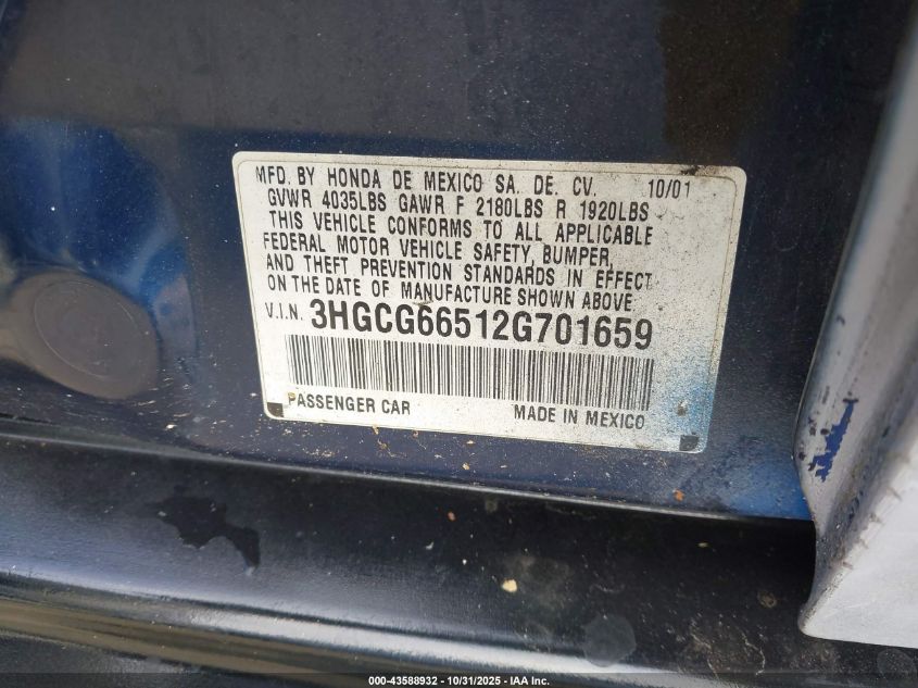 2002 Honda Accord 2.3 Lx VIN: 3HGCG66512G701659 Lot: 43588932